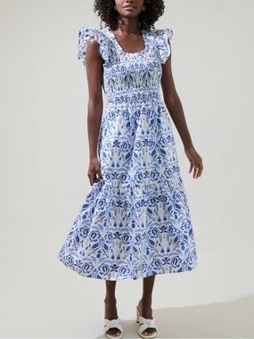 Blue Floral Smocked Midi Dress - Women
